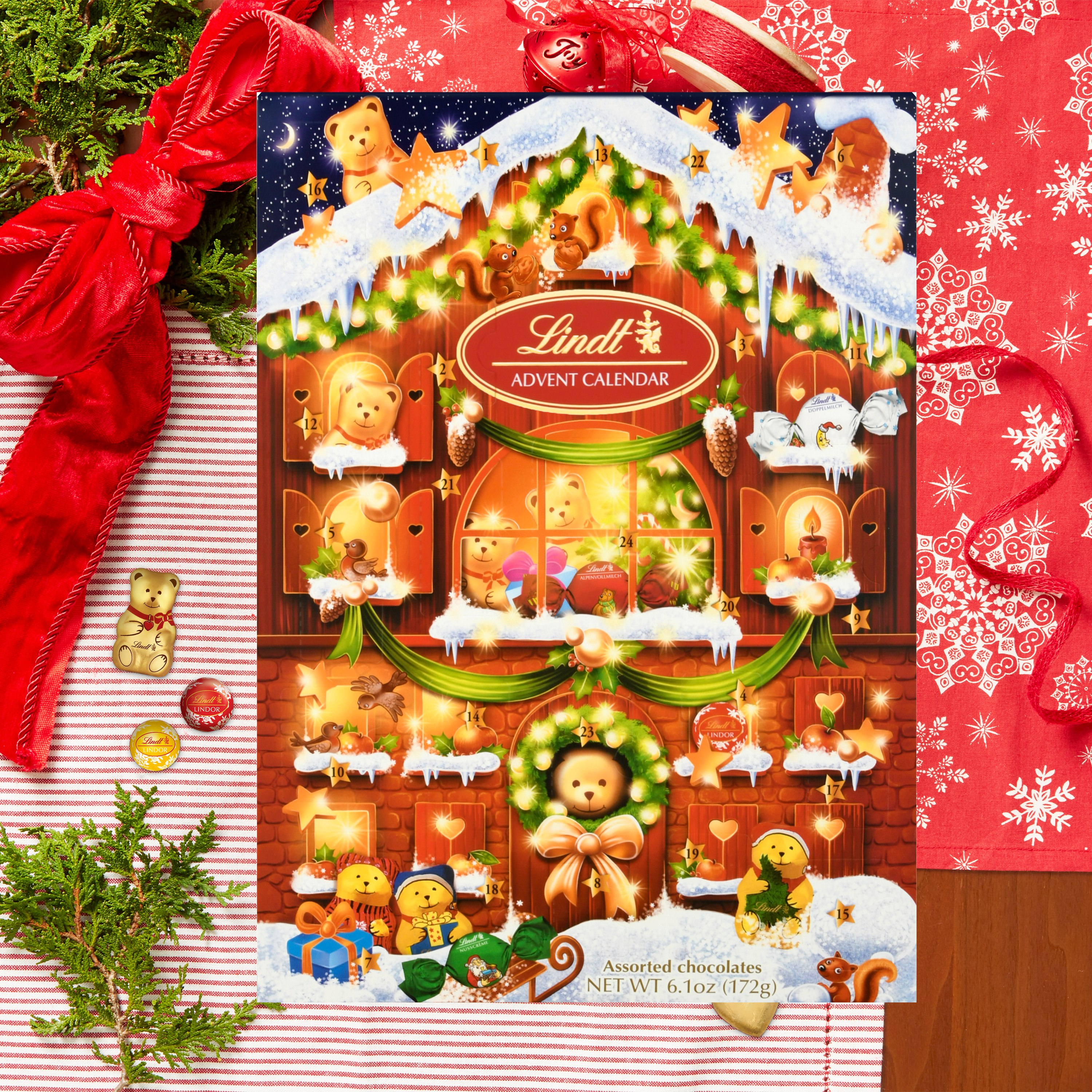  Lindt Holiday Chocolate Teddy Bear Advent Calendar (6.1 oz)